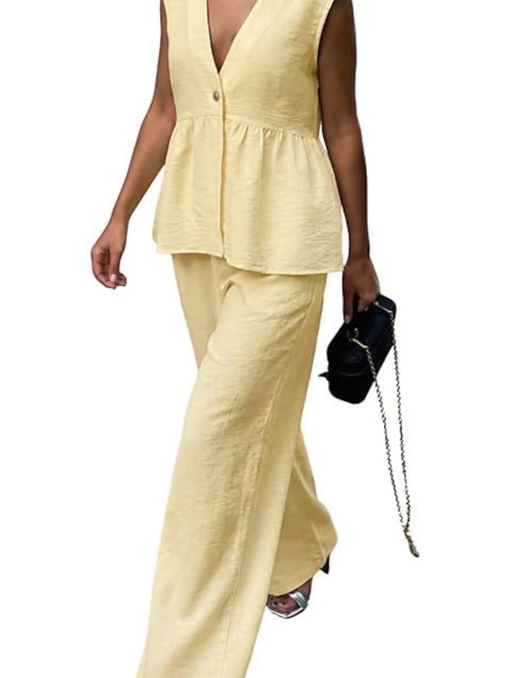 Women's Lightweight Wide-Leg Pants Set - Pale Yellow